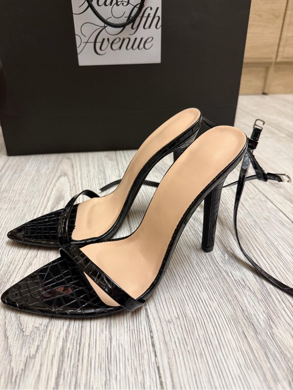 Classic Black Croc Pointed High Heel Sandals